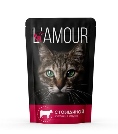влажный корм l’amour для кошек говядина в соусе, 75г