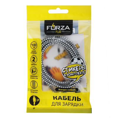 кабель для зарядки моб. телефона forza, сетчатая оплетка, 2а, ip, 100см, пластик, 2 цвета