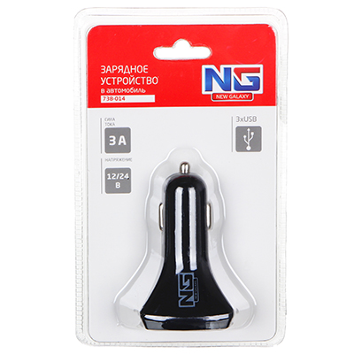 зарядное устройство в авто new galaxy 3xusb, 3a, 12/24в, пластик