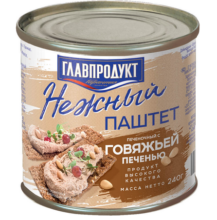паштет главпродукт 240г нежный с говяжьей печенью ж\б
