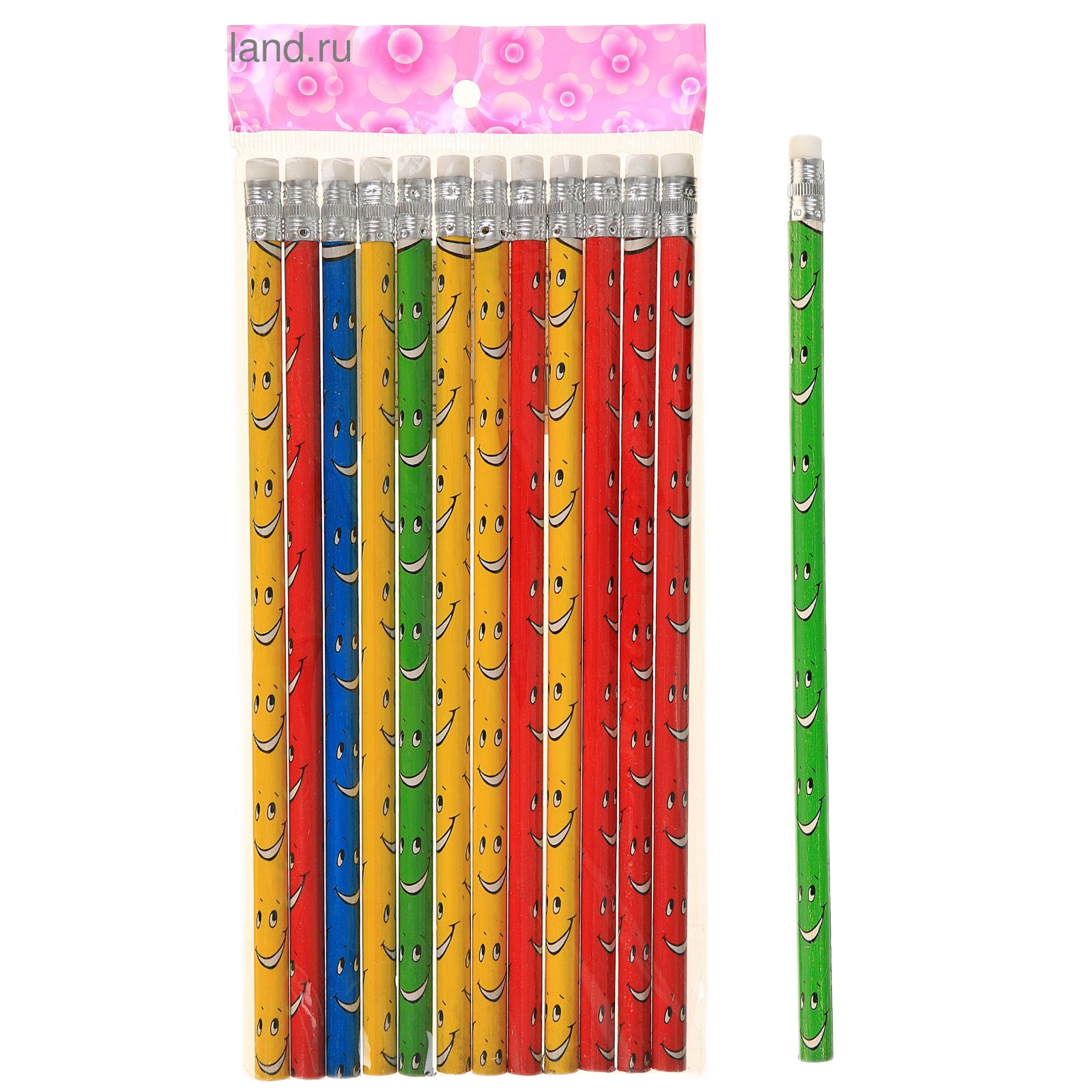 карандаш чернографитный с ластиком нв корпус круглый улыбка микс