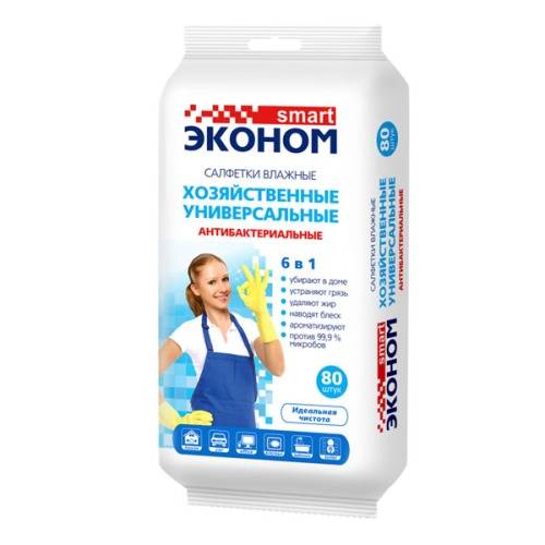 влажные салфетки smart эконом универсальные антибактериальные для уборки 6 в 1, 80 шт