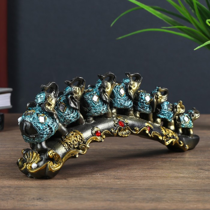сувенир полистоун семь слонов в синей попоне с кистями и зеркалами на бивне 10х5,5х28 см