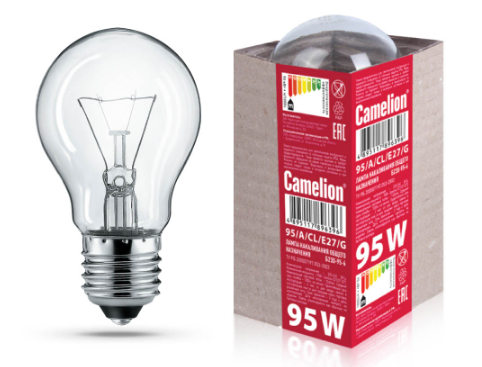 лампа накаливания с прозрачной колбой, 95/a/cl/e27/g, лон, гофра, б230-95-6 camelion