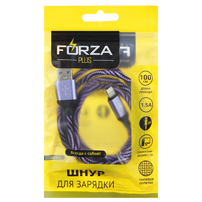 кабель для зарядки ip forza, 1м, 1,5 а, синхр. с пк, тканевая оплетка, 5 цветов