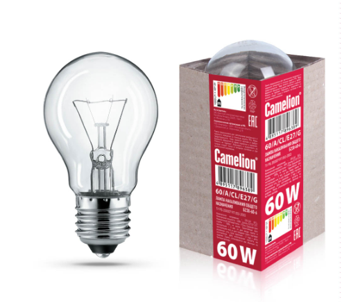 лампа накаливания с прозрачной колбой, 60/a/cl/e27/g, лон, гофра, б230-60-6 camelion