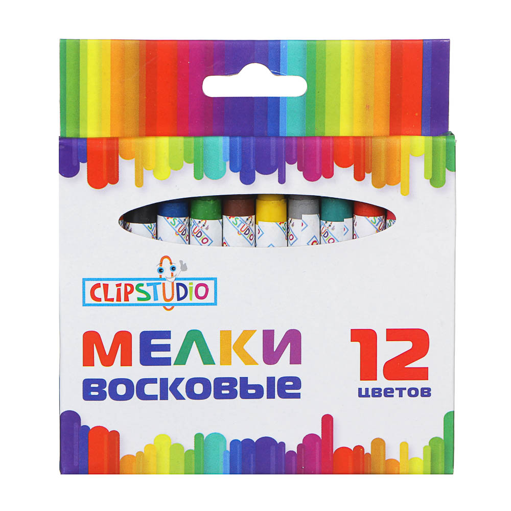 мелки восковые 12 цветов clipstudio, 7,8см, на органической основе, в картонной коробке с подвесом