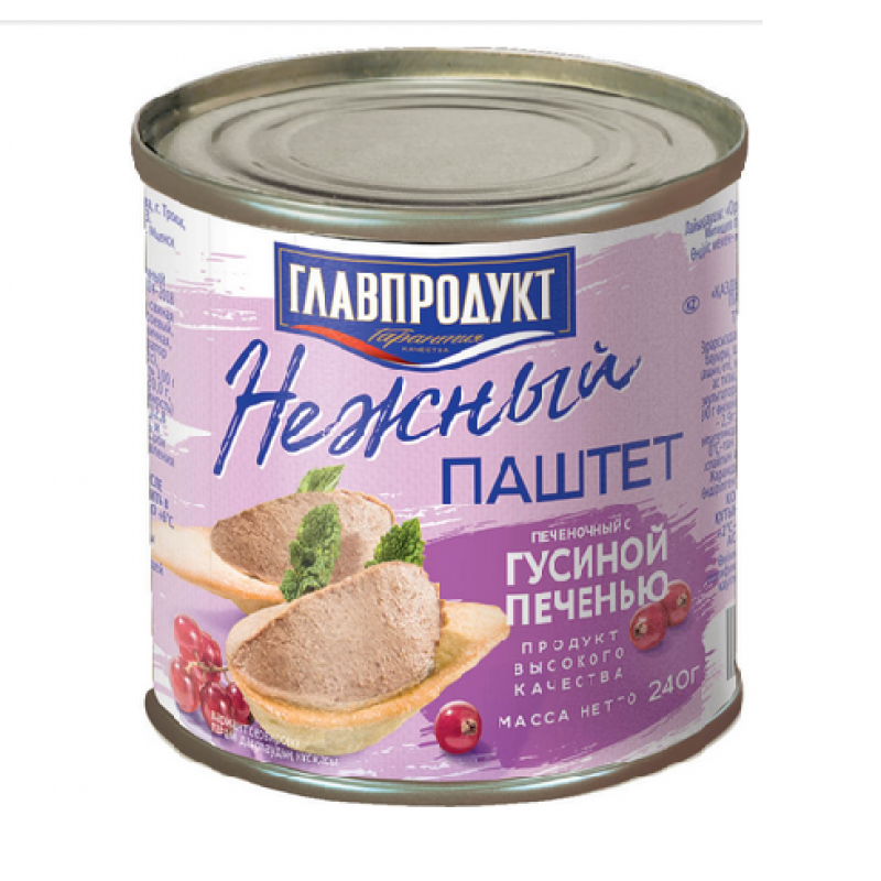 паштет главпродукт 240г нежный с гусиной печенью ж\б
