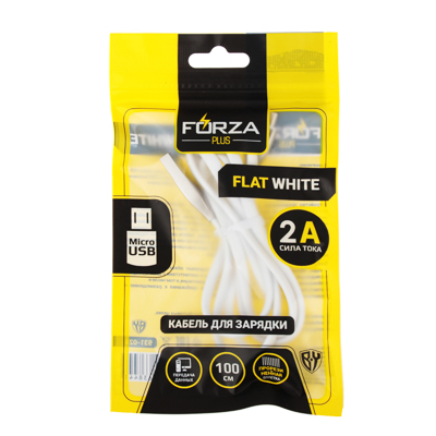 кабель для зарядки forza flat white, micro usb, 1м, 2a, пластик, белый