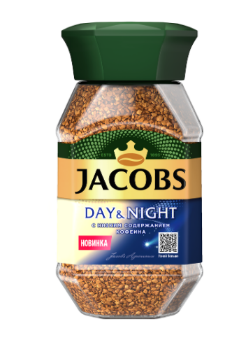 кофе натур растворимый сублимир декофеинизированный jacobs day&night 95г