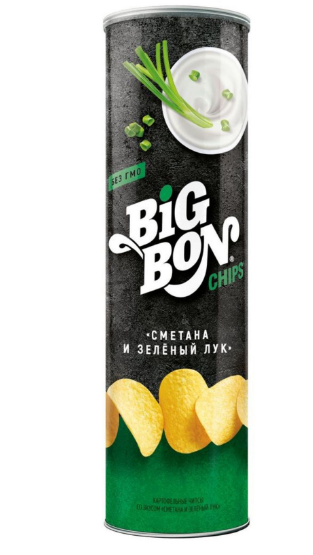 картофельные чипсы со вкусом сметана и зеленый лук bigbon, тубус 130г