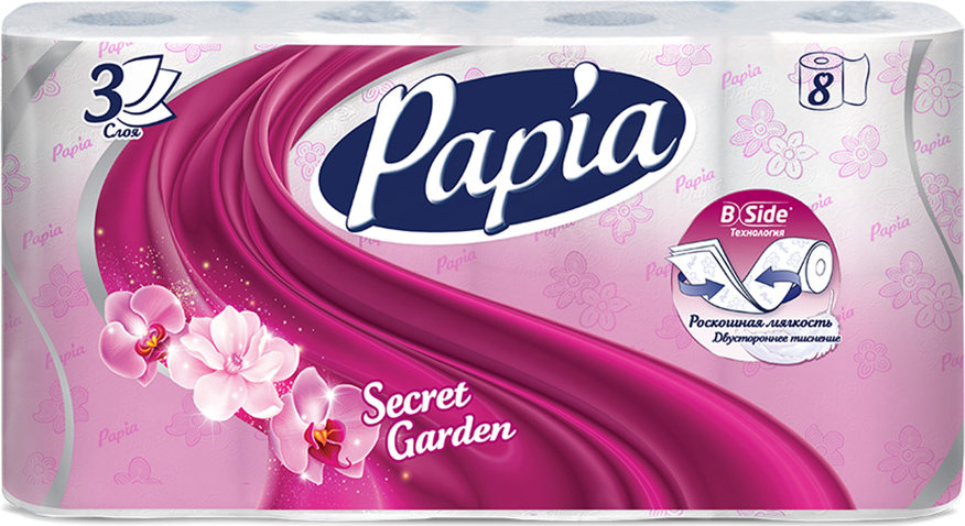 туалетная бумага papia secret garden 3 слоя 8 рулонов