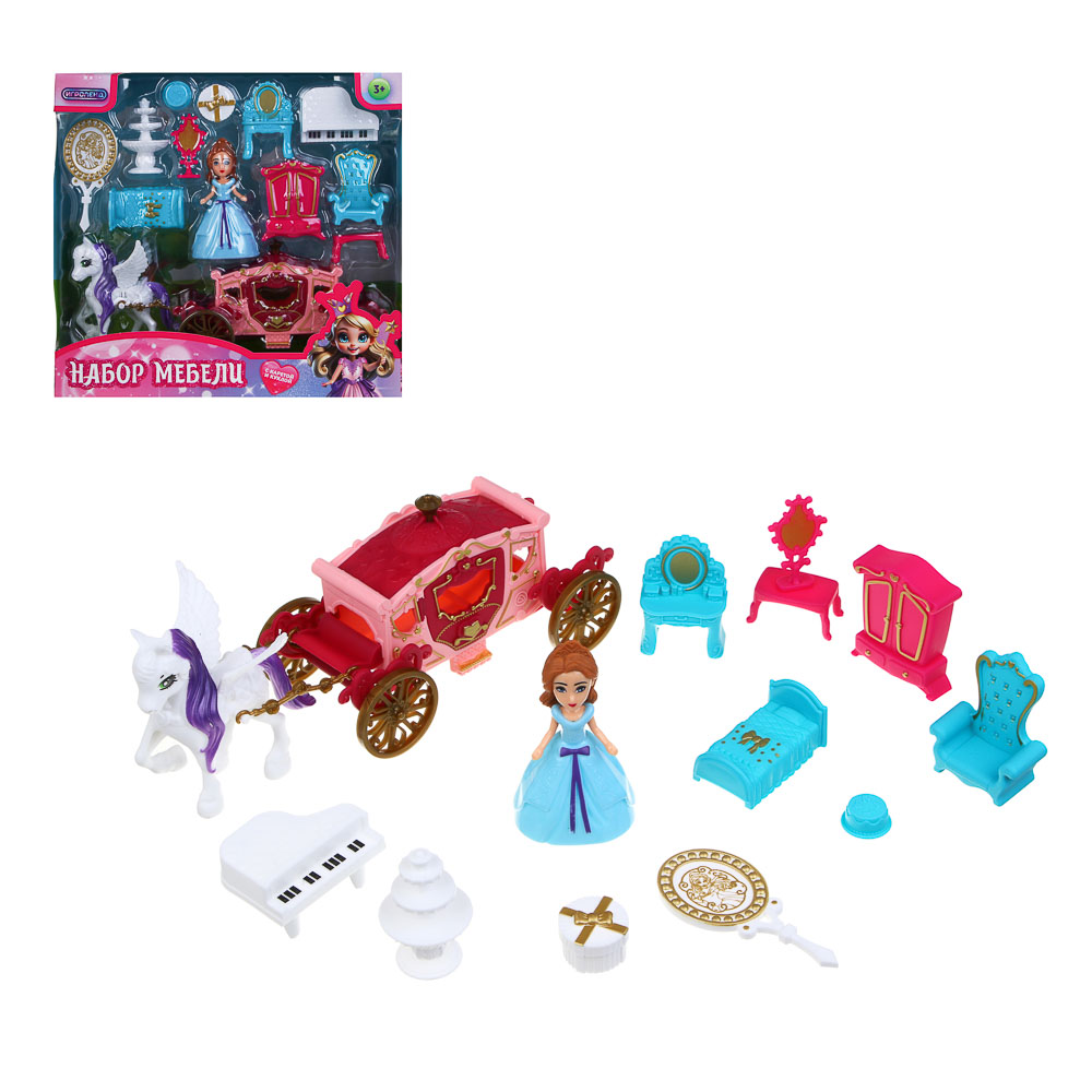 набор мебели с каретой и куклой минимир игроленд abs 22х6,8х21см 2 вида