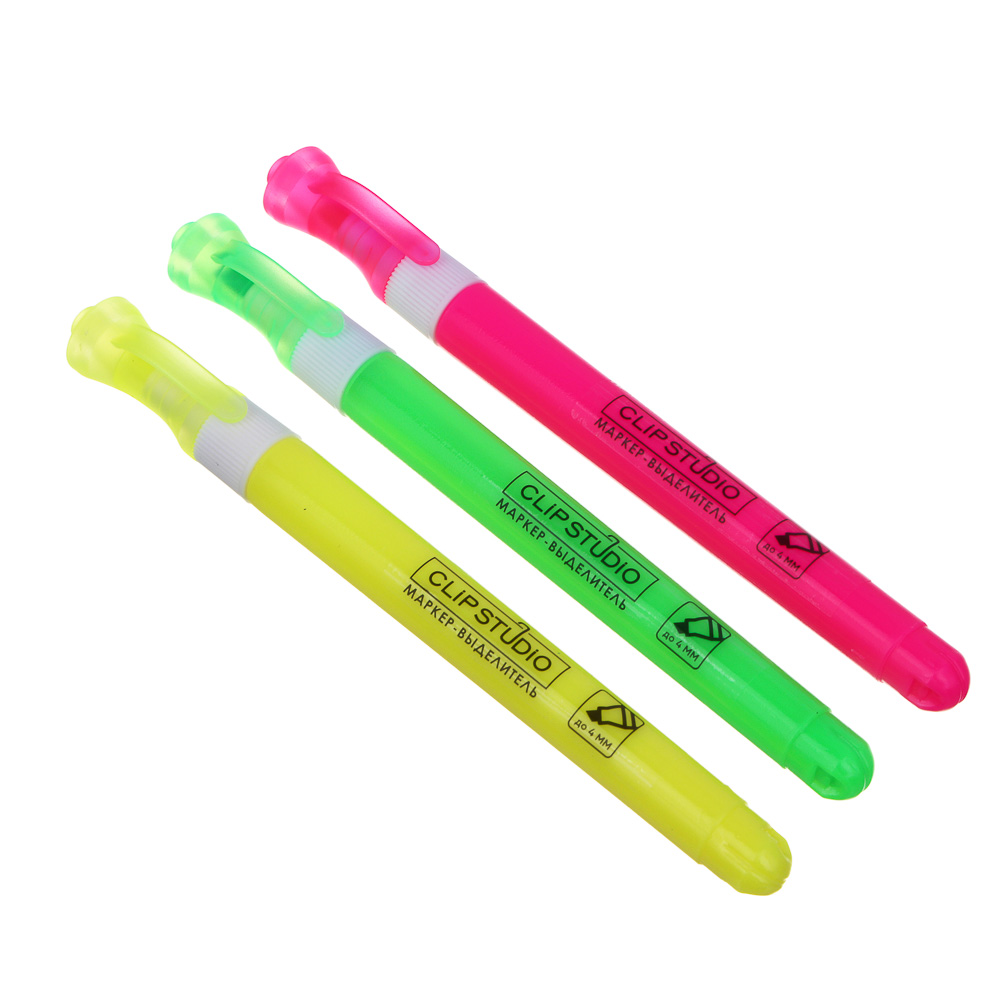 набор маркеров-выделителей clipstudio 3 цвета круглый корпус скош наконечник пвх пенал