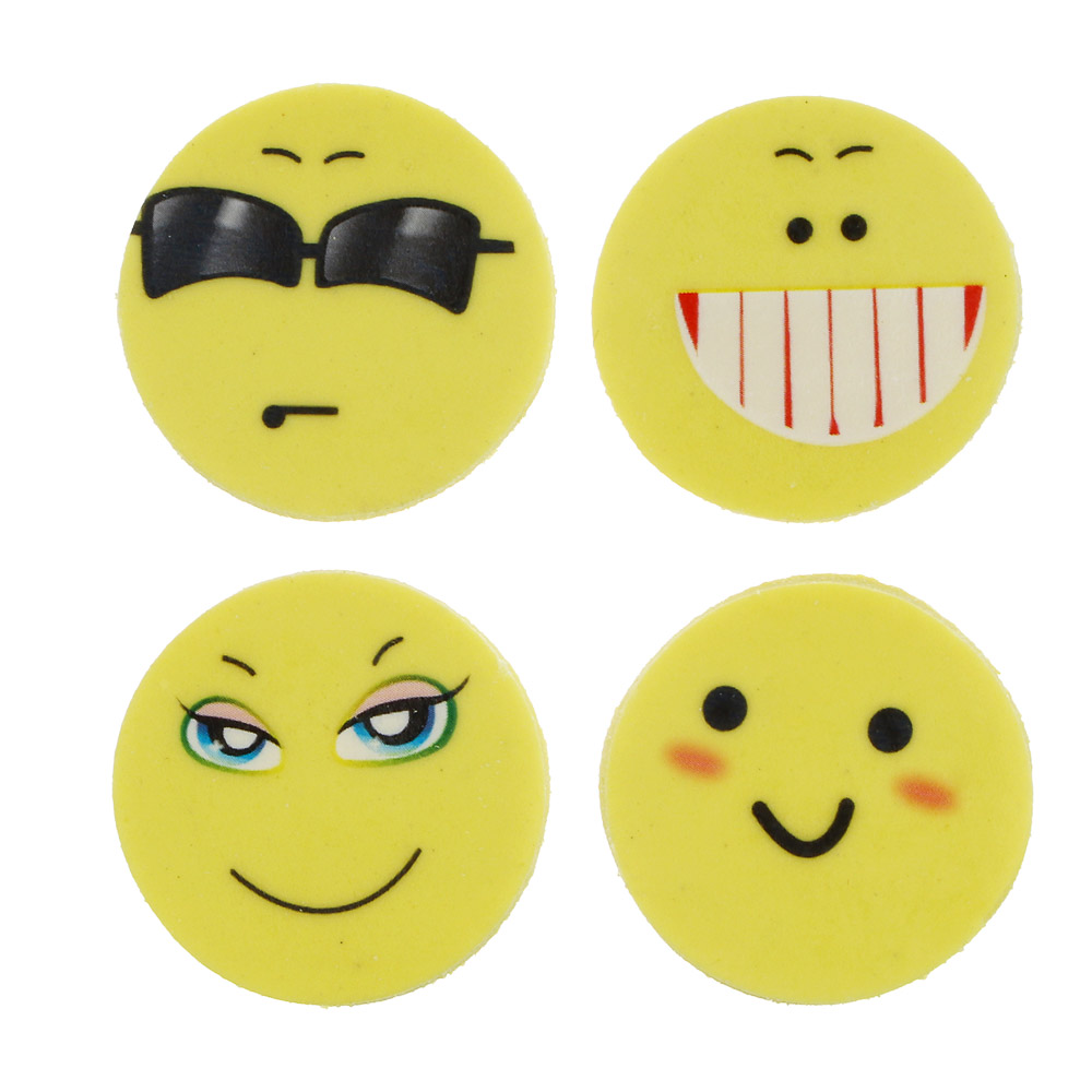 набор ластиков 4 штуки в форме смайлов 2,5см тпр микс дизайнов