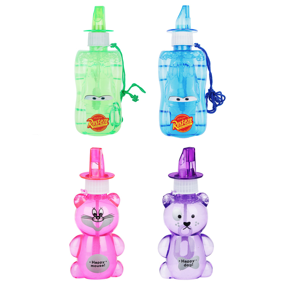 мыльные пузыри в фигурной бутылке, 100мл, пластик, мыльный р-р, 13-14х5х3,5см, 4 цвета