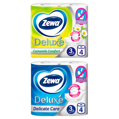 туалетная бумага zewa deluxe белая 3 слоя 4 рулоная  2 вида
