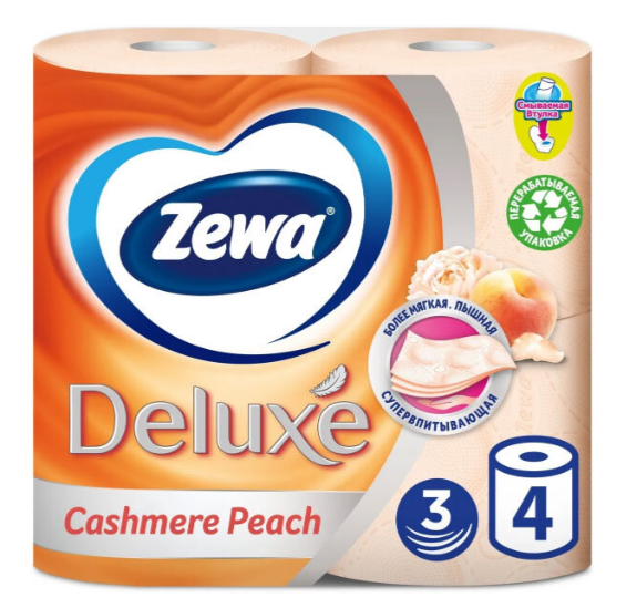 туалетная бумага zewa delux 3-х слойная 4 рулона персик 4 упаковки