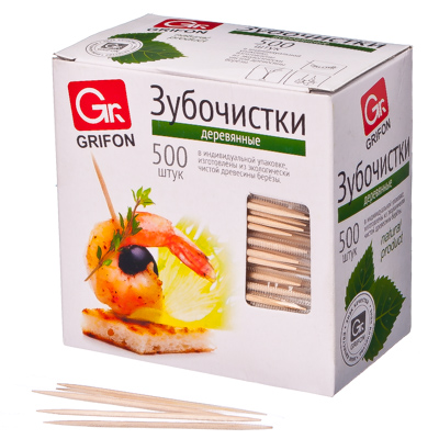 зубочистки из дерева 500шт grifon, в индивидуальной п/э упаковке, 400-512