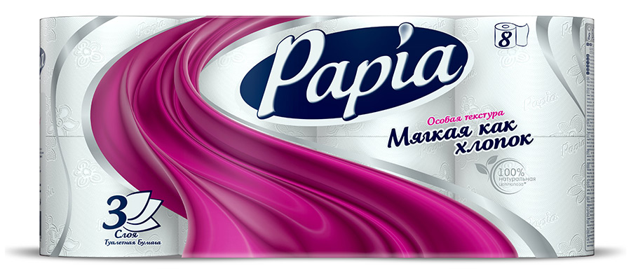 туалетная бумага papia белая 3 слоя 8 рулонов