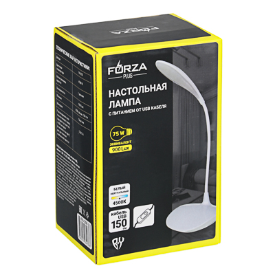 лампа настольнаят forza, питание usb, кабель 1.4м, 14led, 600lux, белая, пластик