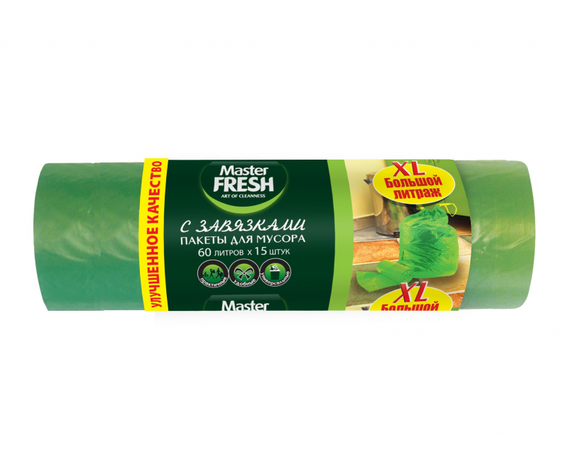 мешки для мусора 60л master fresh 15шт xxl с завязками mfgb60–15r