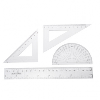Набор геометрический 4 пр. (линейка 20см, 2 угольника, транспортир) прозрачный, в пакете с подвесом