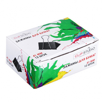 Набор зажимов для бумаг металлический ClipStudio 41 мм черный, 12 штук в картонной коробке